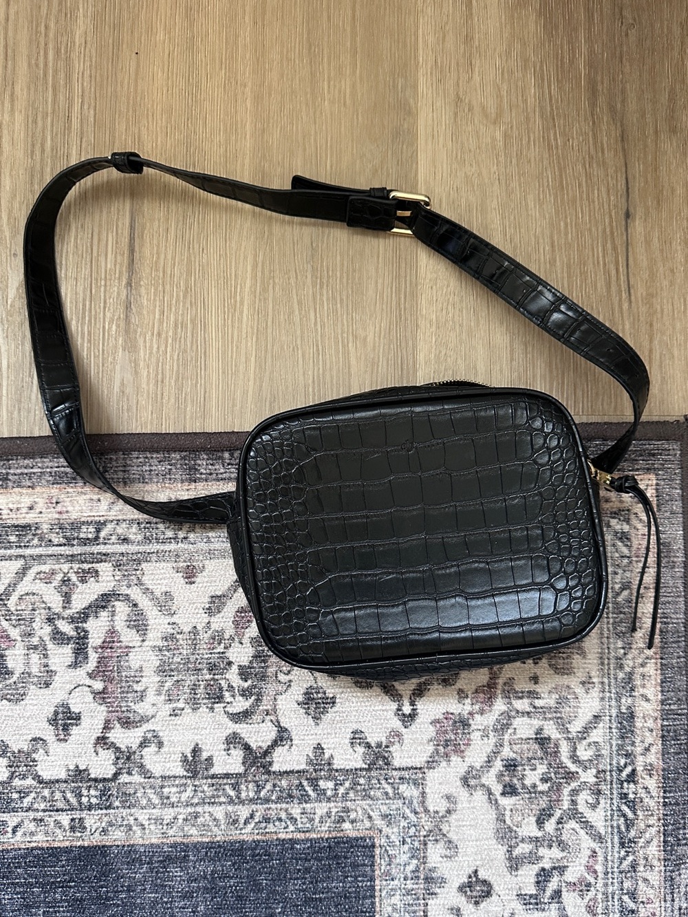 Ela x Sasha Exeter Black Croc-Embossed Crossbody Bag